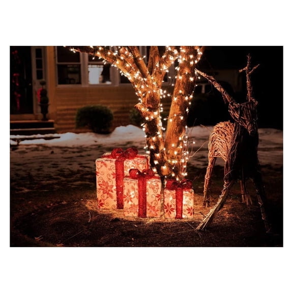3pc Lighted Burlap Boxes Presents Outdoor Christmas Decor
