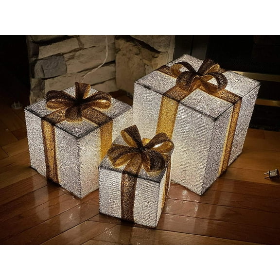3pc Lighted Tinsel Gift Boxes Presents Outdoor Christmas Decor