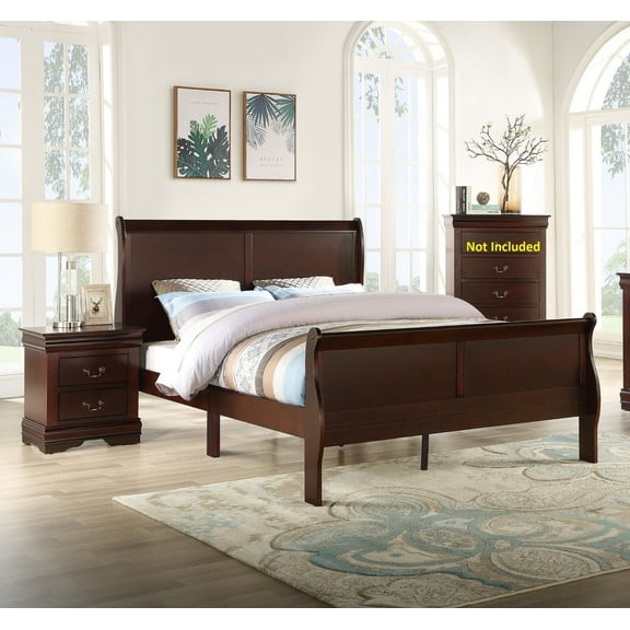 3pc Louis Philip Collection Transitional King Size Bedroom Set Panel Bed and 2x Nightstands Cherry Brown Finish Wooden Furniture