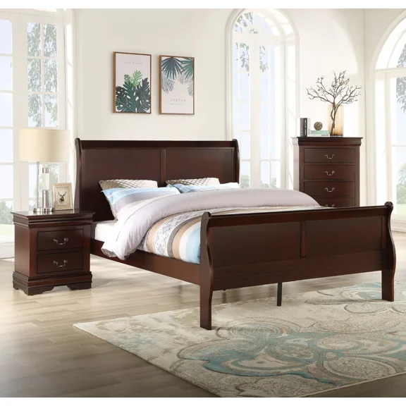 3pc Louis Philip Full Panel Bed Chest Nightstand Set Bedroom Furniture Cherry Finish
