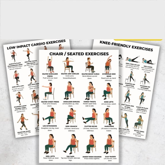 3pc Low Impact Training Package Poster Chair, Sitting And Standing Exercise, Knee Friendly Aerobic Exercise Poster