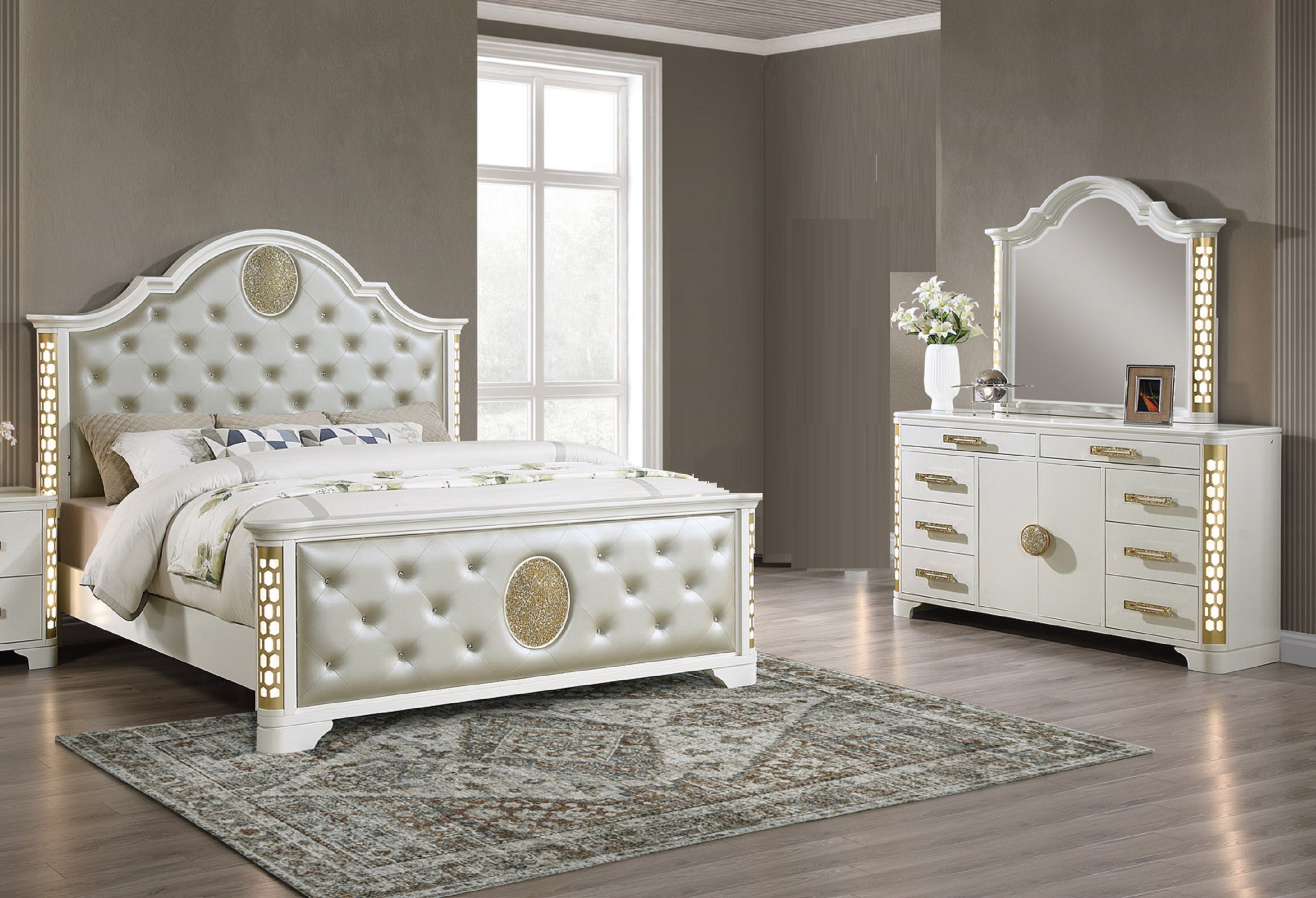 3pc Luxurious Queen LED Light Bed Dresser Mirror Set Beige Ivory Modern ...