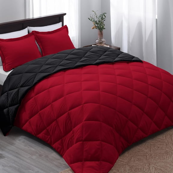 3pc Luxurious Red And Black Reversible Queen Comforter Set Soft,Comforter With Quilted Duvet Insert,Hypoallergenic