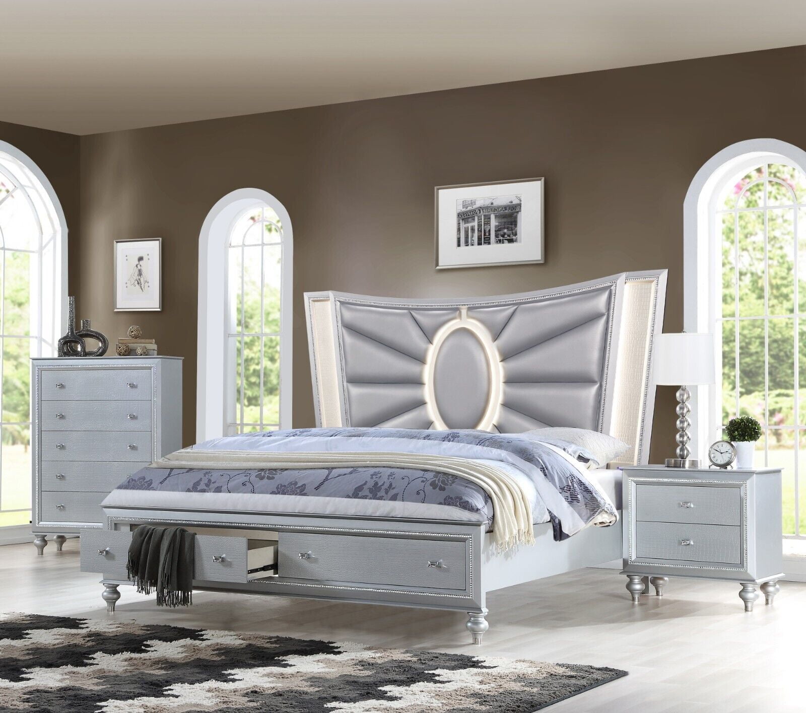 3pc Luxury Silver King Size Storage LED Headboard Bed Chest Nightstand ...