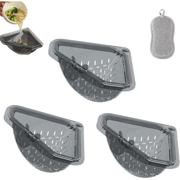 3pc Magnetic Triangle Sink Strainer, Food Catcher with Corner Mount Design Style Sponge Holder, Corner-Mounted Strainer Basket for Kitchen, Easy-Clean Triangular Drying Rack