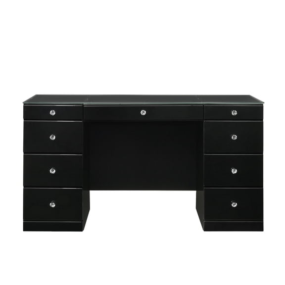 3pc Makeup Vanity Set LED Lighted Mirror Glass Top 9 Drawers Crystal Knobs Round Stool Wooden Bedroom Furniture Black On-Site