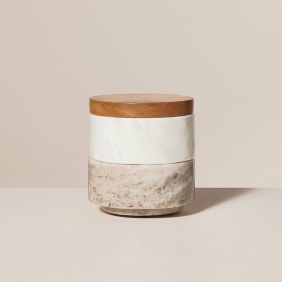 3pc Marble Stacking Salt & Pepper Cellar White/Warm Gray -  Acacia Lid, Farmhouse Style