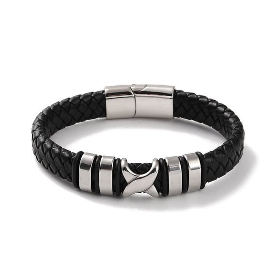 3pc Men's Black PU Leather Cord Bracelets Cross 201 Stainless Steel Link Bracelets with 304 Stainless Steel Magnetic Clasps Stainless Steel Color 9 inch(22.8cm)