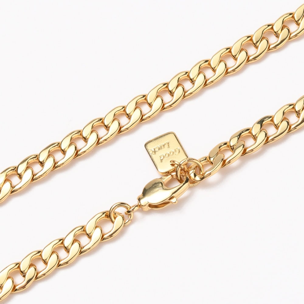 3pc Men's Brass Cuban Link Chain Necklaces with Lobster Claw Clasps Long-Lasting Plated Textured Word Good Luck Real 18K Gold Plated 22-1/4 inch(56.5cm)