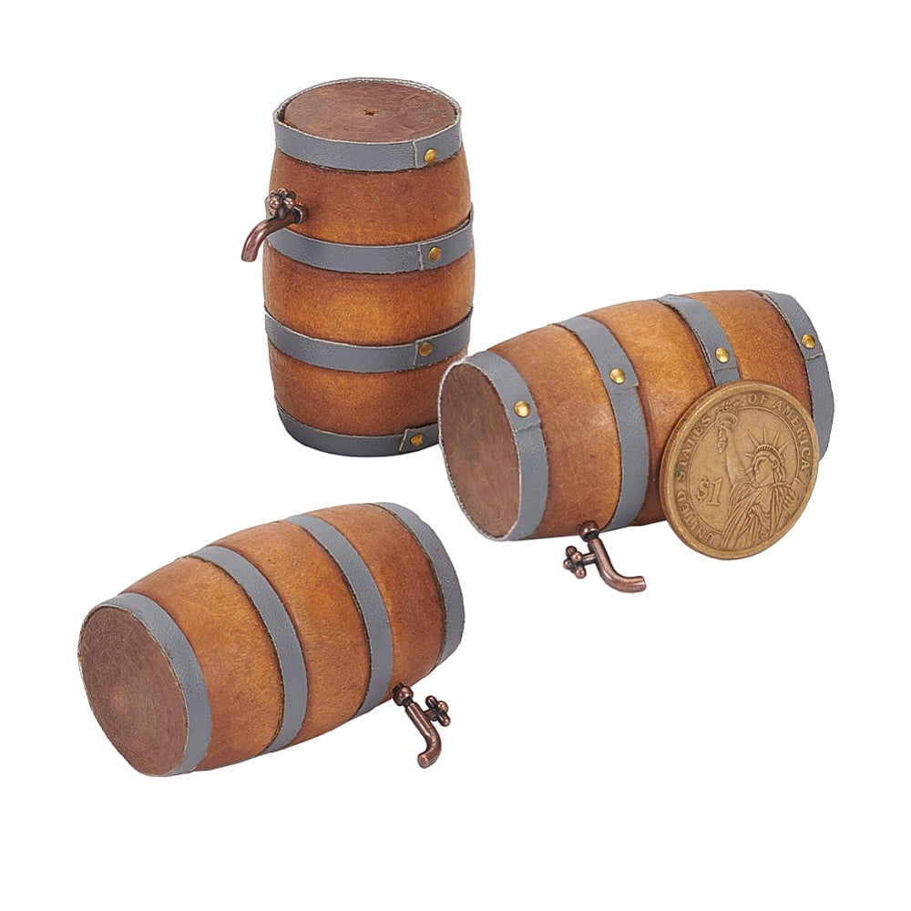 3pc Mini Wooden Wine Barrel Miniature Beer Barrel with Zinc Alloy Findings Goldenrod 43x32x51mm