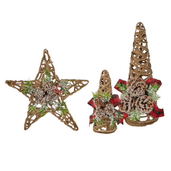 3pc Mixed Rustic Jute Woven Trees and Star Ornament Set - for Christmas Decor - Factory Direct Craft