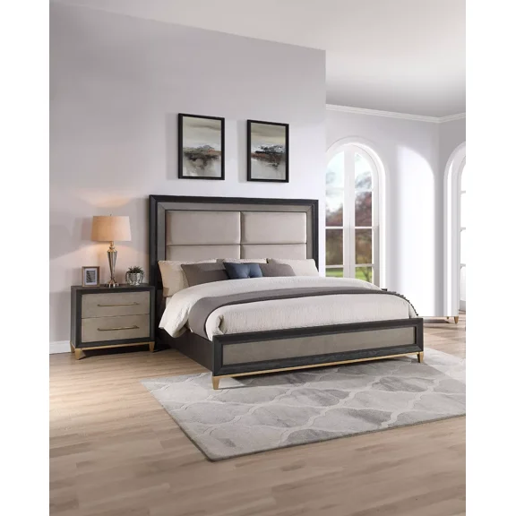 3pc Modern Bedroom Set Panel Queen Bed Nightstand Upholstered Headboard Black Brown Finish