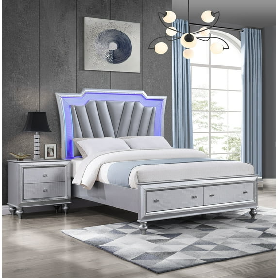 3pc Modern LED Light King Upholstery Storage Bed 2x Nightstand Set Silver