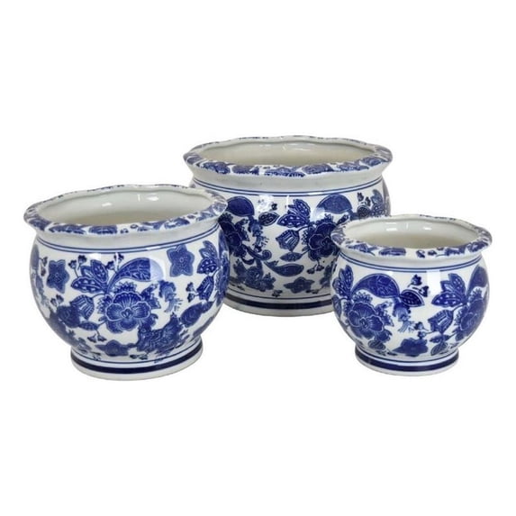 Benjara 3pc Modern Planter- Japanese Inspired Art Design- Blue White Ceramic