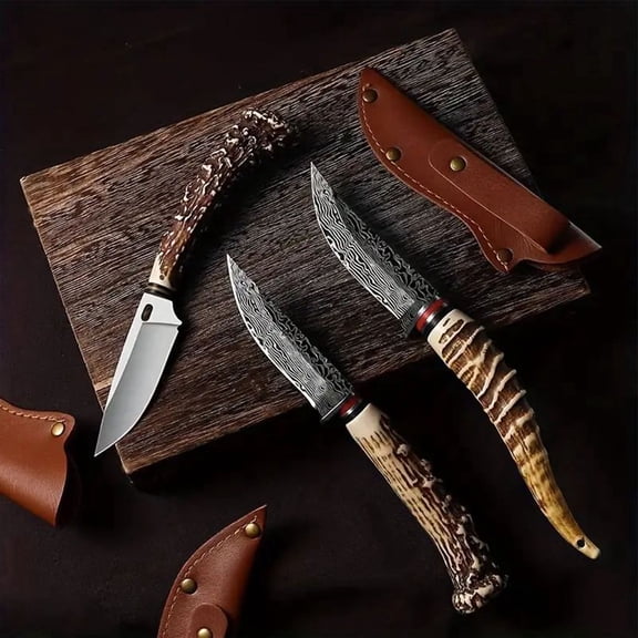 Plys Fixed Blade Knife with Sheath, 3 Pcs Hunting Knives Set, Survival Bushcraft Knife for Camping Outdoor Sport Cutting Meat Fruits