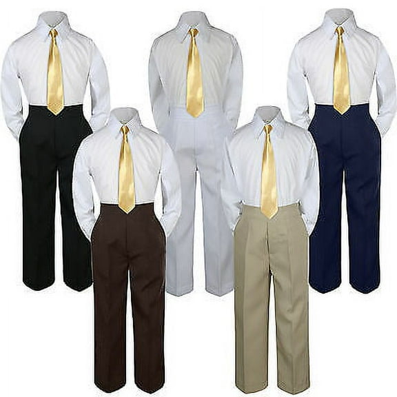 3pc Mustard Yellow Tie  Suit Shirt Pants Set Baby Boy Toddler Kid Uniform S-7