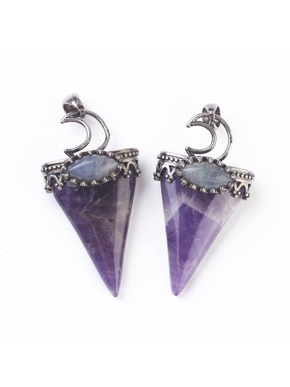 3pc Natural Amethyst Big Pendants with Brass Findings Triangle Silver 53~58x28~29x16~18mm Hole: 5x7mm