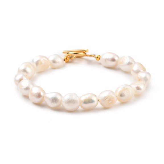 3pc Natural Baroque Pearl Keshi Pearl Beaded Bracelets with Golden Plated 304 Stainless Steel Toggle Clasps Seashell Color 7-1/2 inch~7-5/8 inch(19~19.5cm)