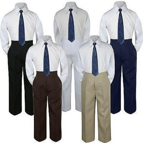 3pc Navy Blue Tie Suit Shirt Pants Set Baby Boy Toddler Kid Uniform S-7