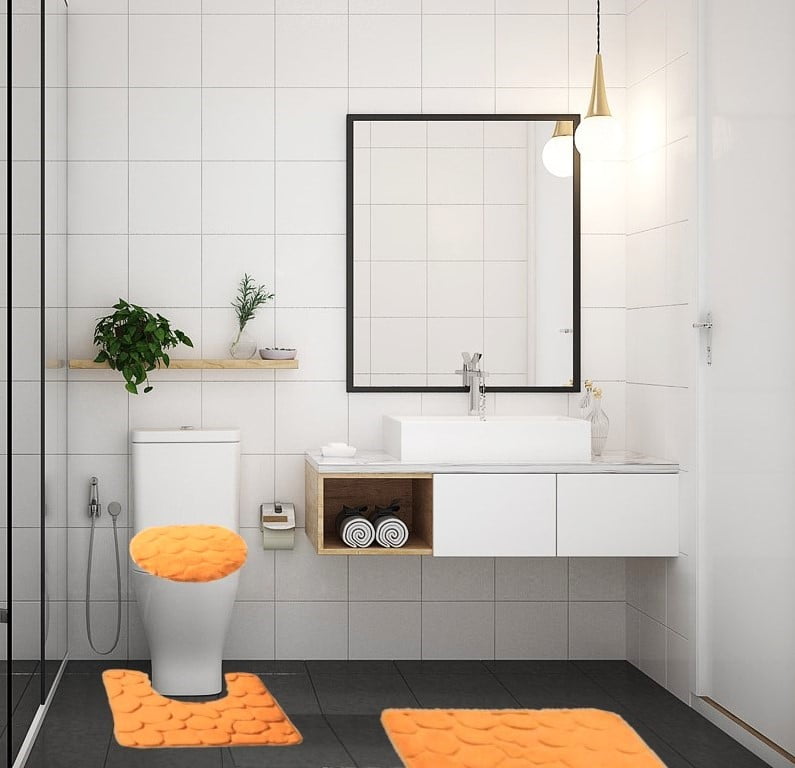 3pc Orange Bathroom set Velvet Luxury Rock Design Memory Foam Soft