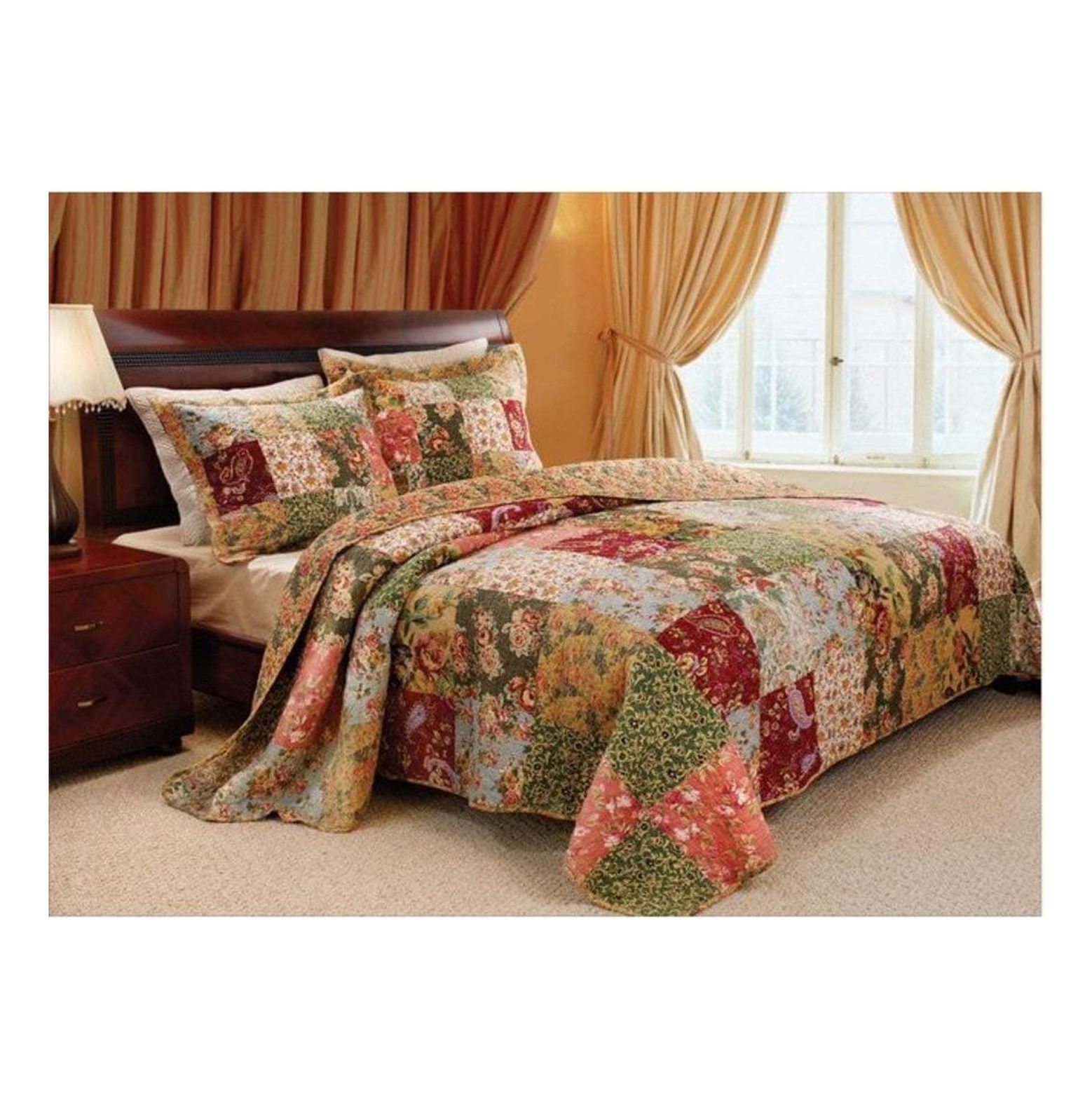 3pc Oversized Queen Bedspread Quilt Set Floor, Floral Paisley Prints