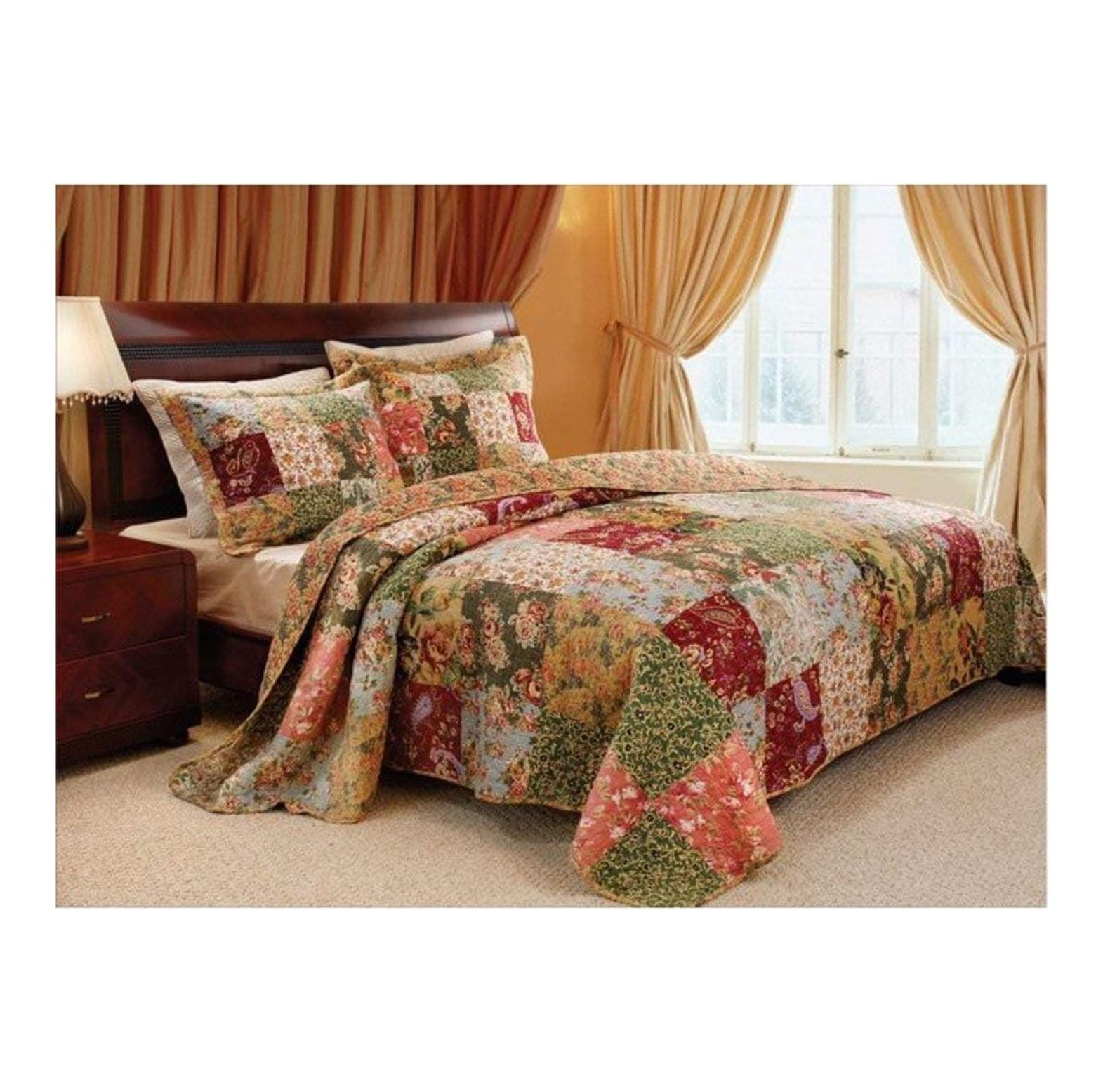 3pc Oversized Queen Bedspread Quilt Set Floor, Floral Paisley Prints ...