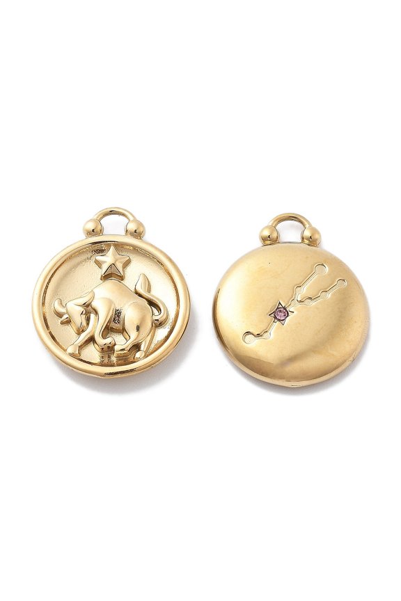 3pc PVD Vacuum Plating 304 Stainless Steel Rhinestone Pendants Flat Round with Constellations Charm Taurus 20.5x16.5x3.5mm Hole: 2.5mm