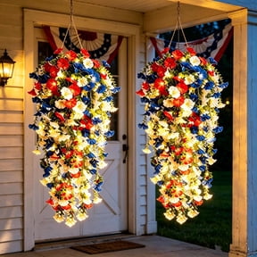 3pc Patriotic Hanging Flower Baskets with 1 pc LED Lights, Red White and Blue Artificial Flowers for Outdoor Porch Decor, UV Resistant Faux Flowers for 4th of July, Memorial Day Garden Patio Decor