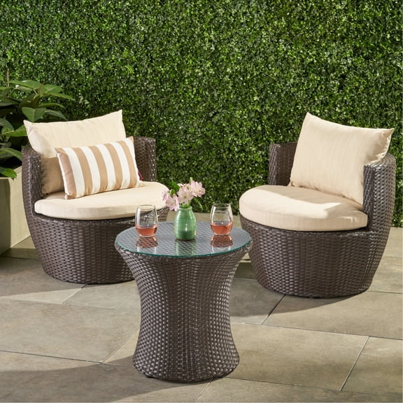 3pc Pe Outdoor Chat Furniture In Brown+beige - Aluminium, Cushion Accented Seating Arrangement, 26.92 In. Depth, Width, 22.85 Height, 41.36 Lb Weight Chairs,