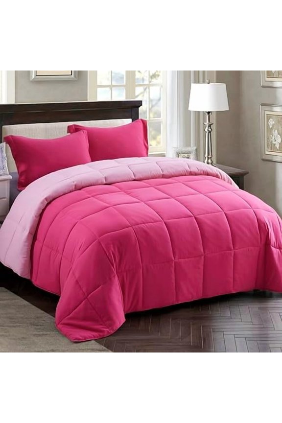 3pc Pink King Comforter Set Duvet Insert, Reversible, All Season, Box Stitched, with Corner Tabs, Soft, Fluffy
