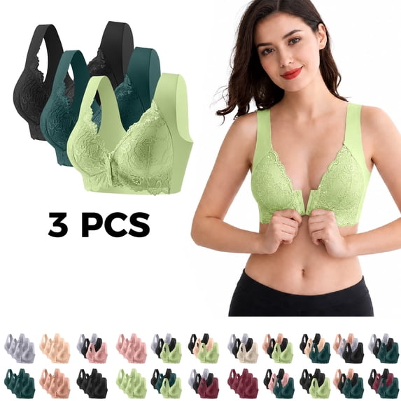 3pc Plus Size Womens Bras Wireless Push Up Everyday Bra Comfort Full Coverage Lace Bralettes Front Closure Supportive Brassiere Green Bras,Size M-5XL