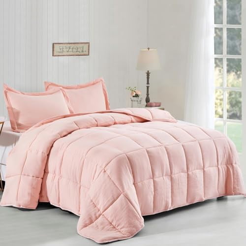 3pc Prewashed All Season Down Alternative Comforter Duvet Insert -Quilted Comforter with Corner Tabs -Box Stitched -250GSM Fiberfill Chic Farmhouse Style Bedding(Queen,Peach Pink)