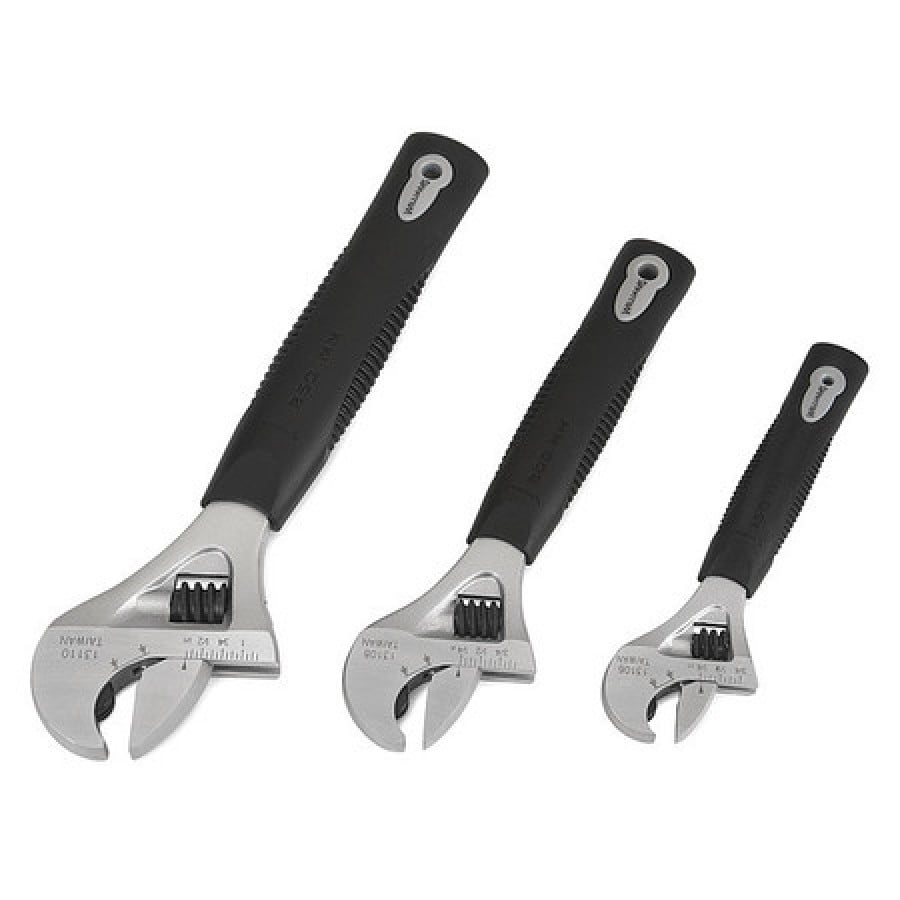 3pc Ratcheting Adjustable Wrench Set With Chrome Finish. Includes Wrenches Size 6", 8" & 10". Rubberized Comfort Grip Handle & Measurement Scale On Head. Williams® # JHW13343