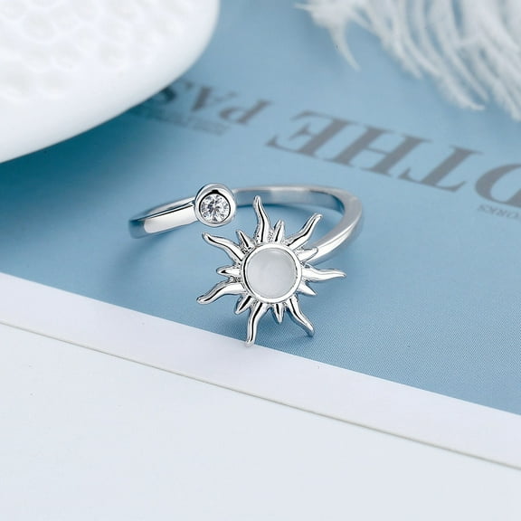 3pc Rotatable Cat Eye Open Ring with Cubic Zirconia Platinum Brass Fidget Spinner Rings for Anxiety Stress Relief Sun US Size 7 1/4(17.5mm)