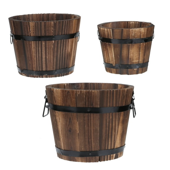 3pc Rustic Wooden Barrel Flower Pots for Home Coffee Shop Garden