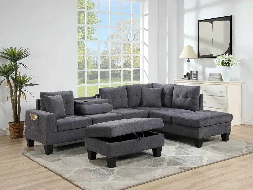 3pc Sectional Reversible Sofa Chaise Storage Otttoman Dark Gray