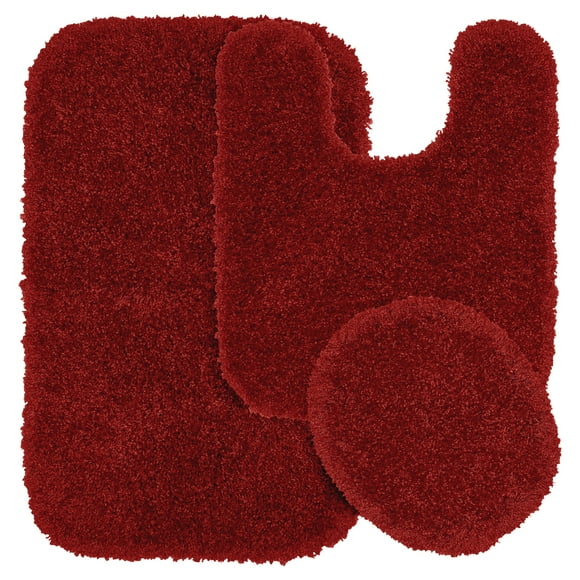 3pc Serendipity Shaggy Washable Nylon Bath Rug Set Red : Includes Contour, Lid Cover, Non-Skid, Tufted