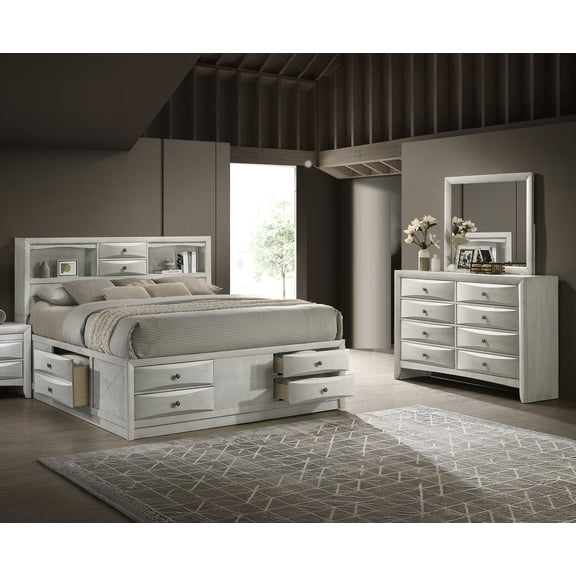 3pc Set Antique White Finish Queen Size Captain's Storage Bed Dresser Mirror