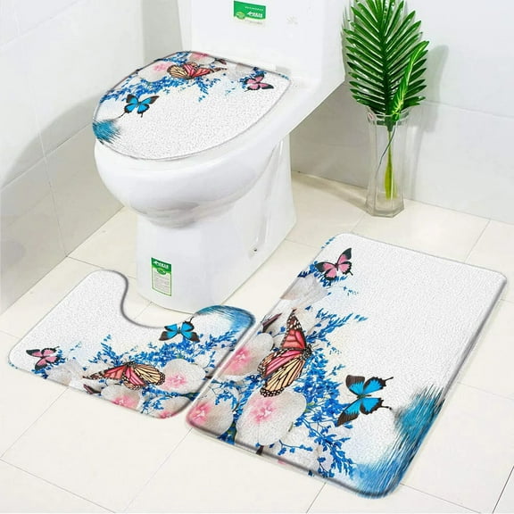 3pc Set Bath Mat Butterfly Flora Illustration Bathroom Decor Flannel Anti Slip Bath Rug Carpet Toilet Cover Set Machine Washable