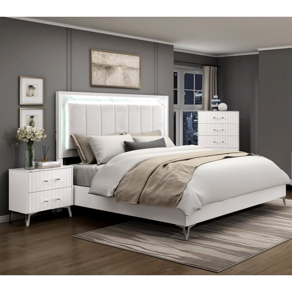 3pc Set Bedroom Furniture White King Size Bed Chest Nightstand LED Headboard