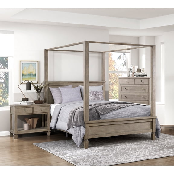 3pc Set Bedroom King Canopy Bed Chest Nightstand Wooden Furniture Set