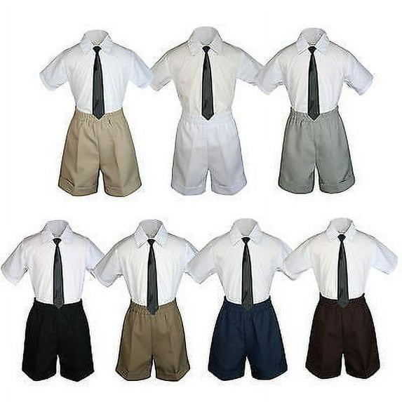 3pc Set Boy Toddler Formal Party Black Necktie White Black Khaki Shorts S-4T