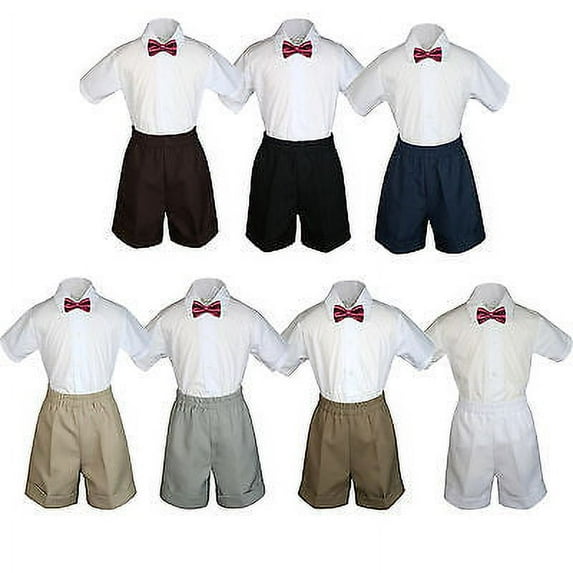 3pc Set Boy Toddler Formal Party Burgundy BowTie White Navy Khaki Shorts S-4T