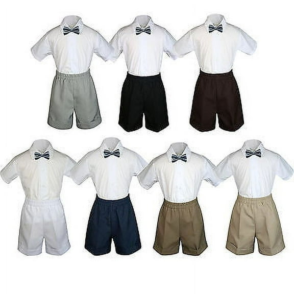 3pc Set Boy Toddler Formal Party Dark Gray Bow Tie White Navy Khaki Shorts S-4T
