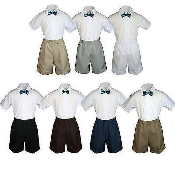 3pc Set Boy Toddler Formal Party Green Teal Bow Tie White Navy Khaki Shorts S-4T