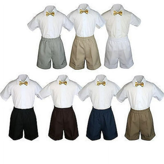 3pc Set Boy Toddler Formal Party Mustard BowTie White  Black Khaki Shorts S-4T