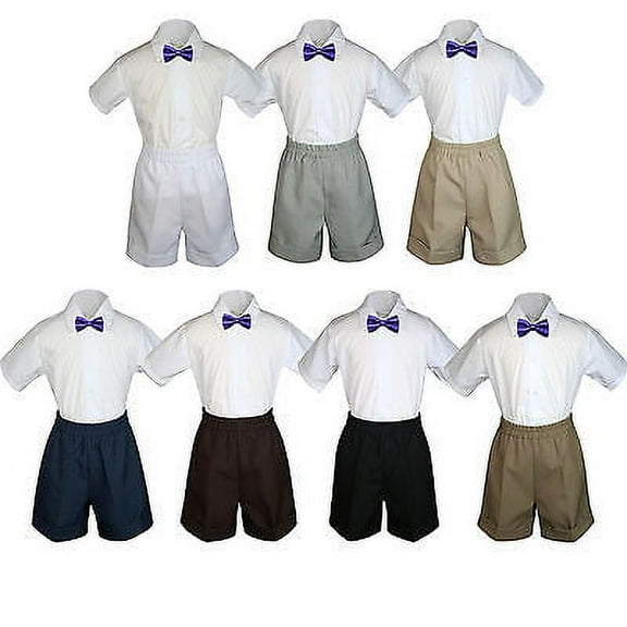 3pc Set Boy Toddler Formal Party Purple BowTie White Black Khaki Shorts S-4T