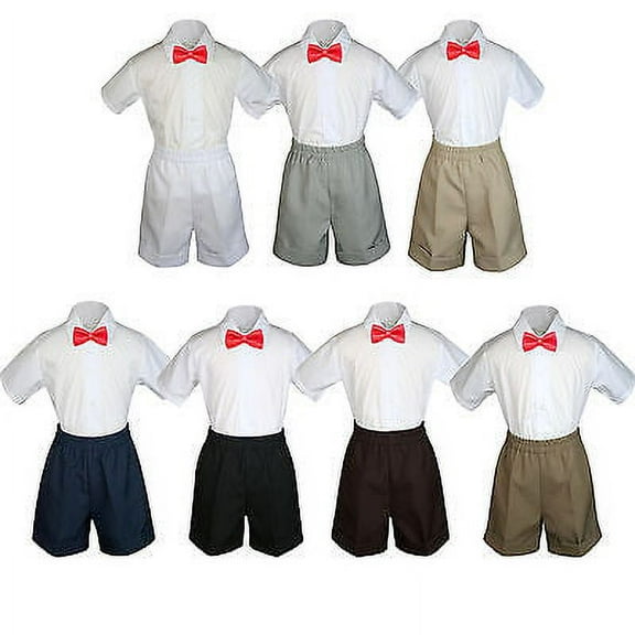 3pc Set Boy Toddler Formal Party Red BowTie White Black Khaki Shorts S-4T