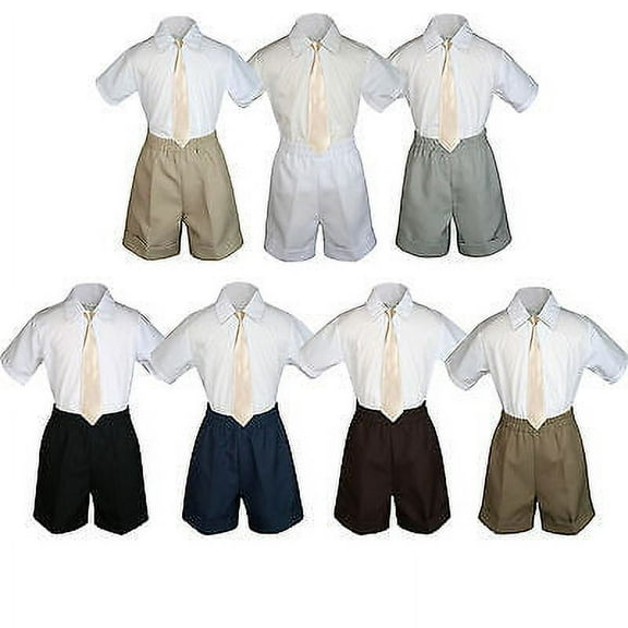 3pc Set BoyToddler Formal Party Champagne Necktie White Black Khaki Shorts S-4T