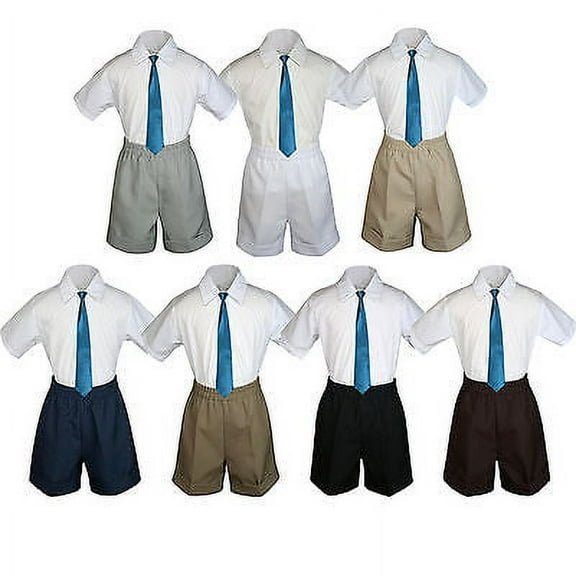 3pc Set BoyToddler Formal Party Green Teal Necktie White Black Khaki Shorts S-4T